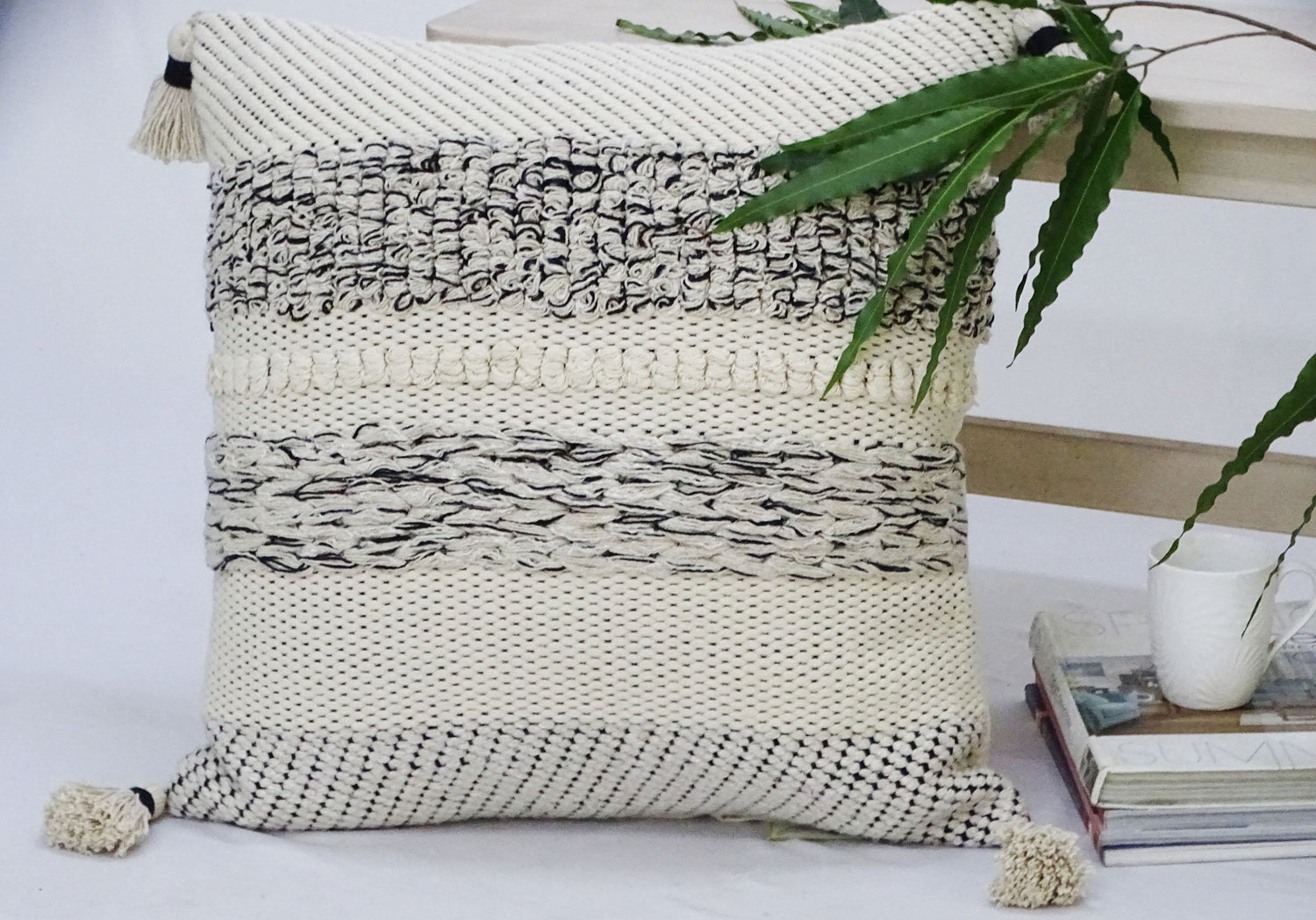 Handwoven Tassel Pillow - Black/Grey/Cream - 22" X 22"