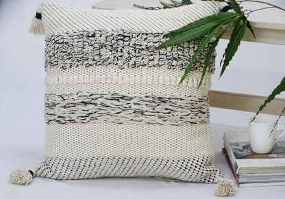 Handwoven Tassel Pillow - Black/Grey/Cream - 22" X 22"