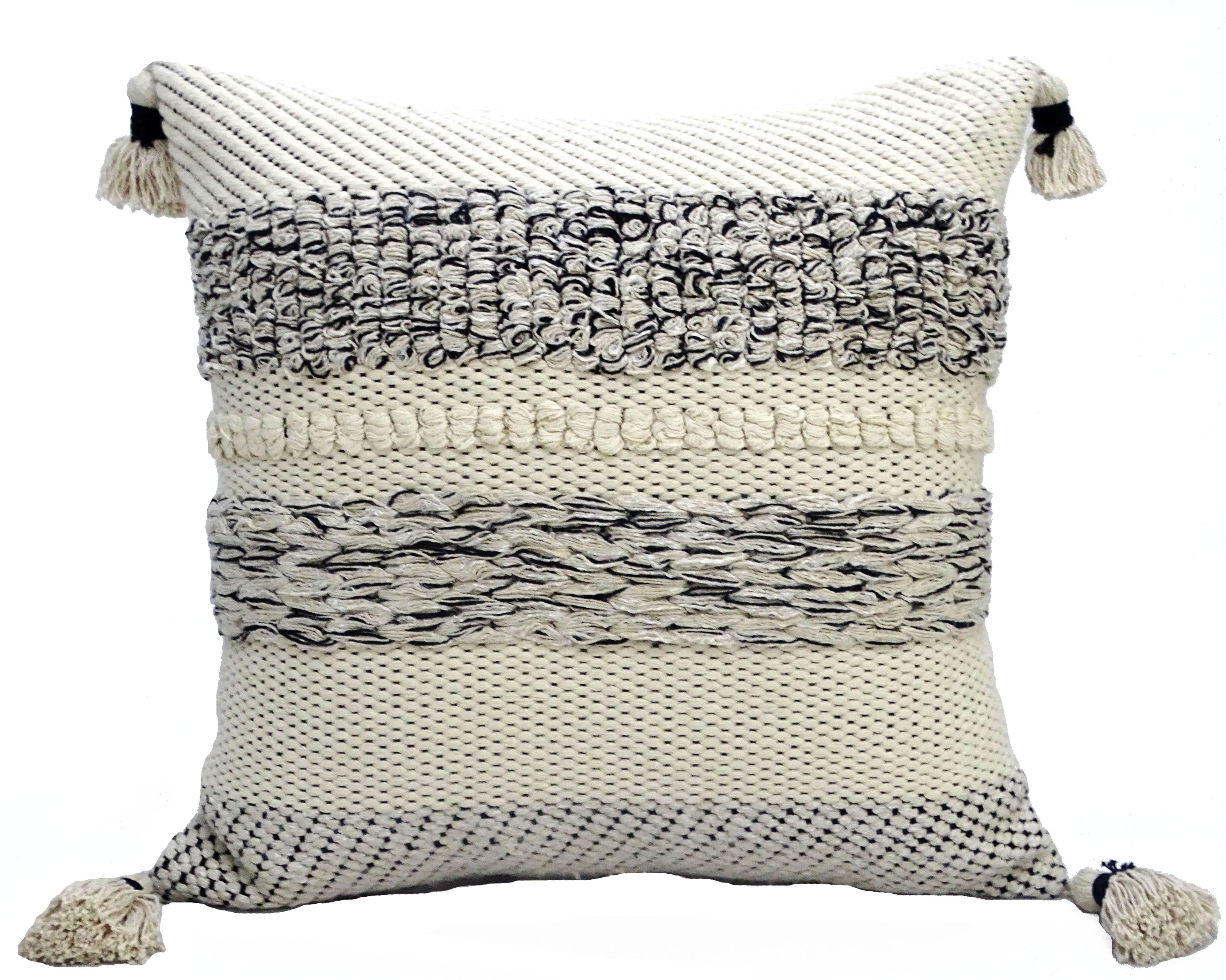 Handwoven Tassel Pillow - Black/Grey/Cream - 22" X 22"