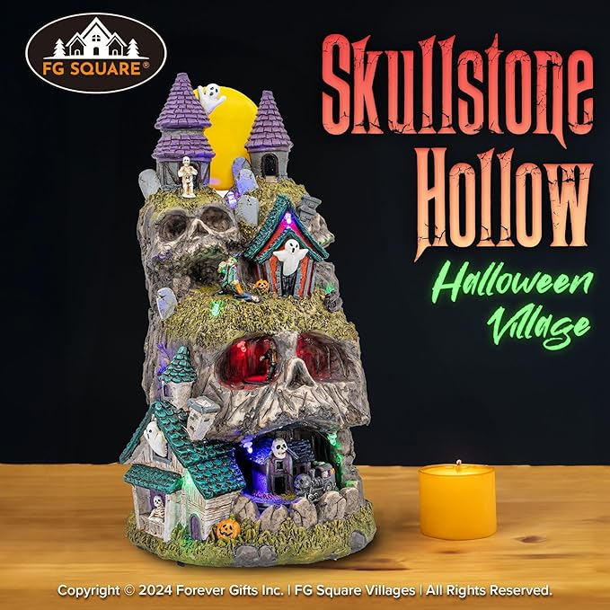 Skullstone Hollow Skull - Spooky Halloween Village - Multi-Color LED Lights, Animated Motion and Music - 7.75" x 7.5" x 13.5"