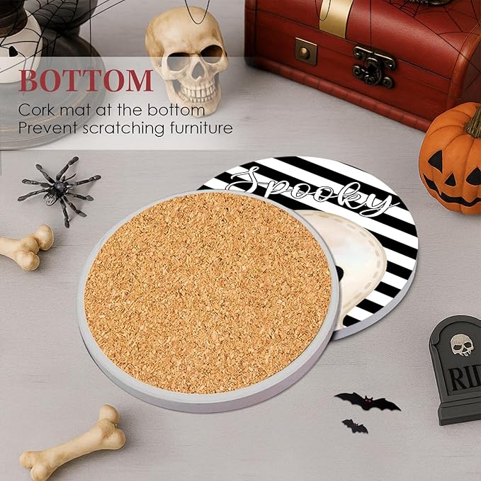 Set of 6 Halloween Hey Boo Black &amp; White Ceramic Stone Drink Coasters with Cork Base and Metal Holder