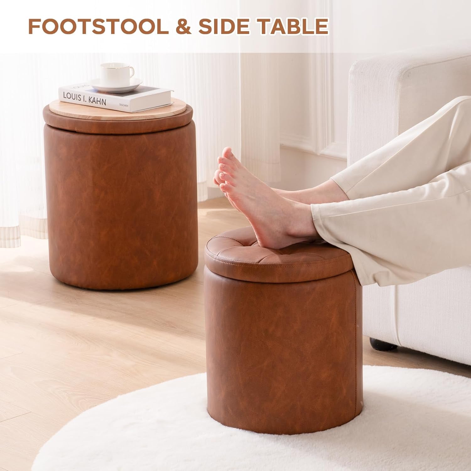 Brown Faux Leather Round Storage Nesting Ottomans - 2 pc Set
