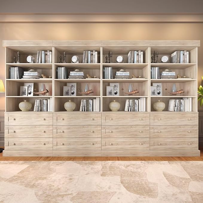 Tall Farmhouse Bookcase with Drawers, Set of 4 – Natural