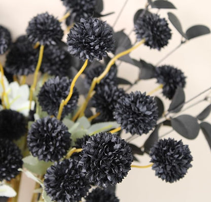 Set of 10 Black Faux Silk Mum Balls + Black Eucalyptus Stems