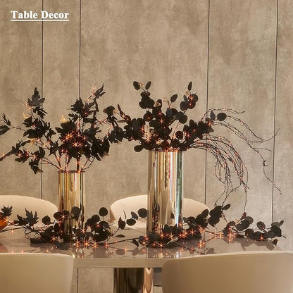 Halloween Black Maple Garland with Lights &amp; Timer