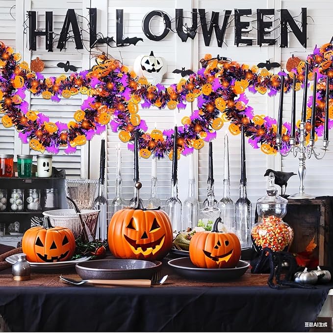 50 Ft Halloween Tinsel Garland - Pumpkins &amp; Bats, Orange/Purple/Black