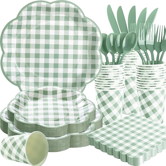 350 Piece Sage Green Gingham Paper Plates and Napkins Party Supplies for 50 Guests