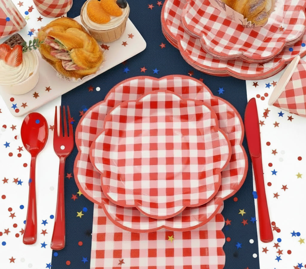 175 Pcs Red Gingham Plates and Napkins Party Supplies - Serve 25 Guests