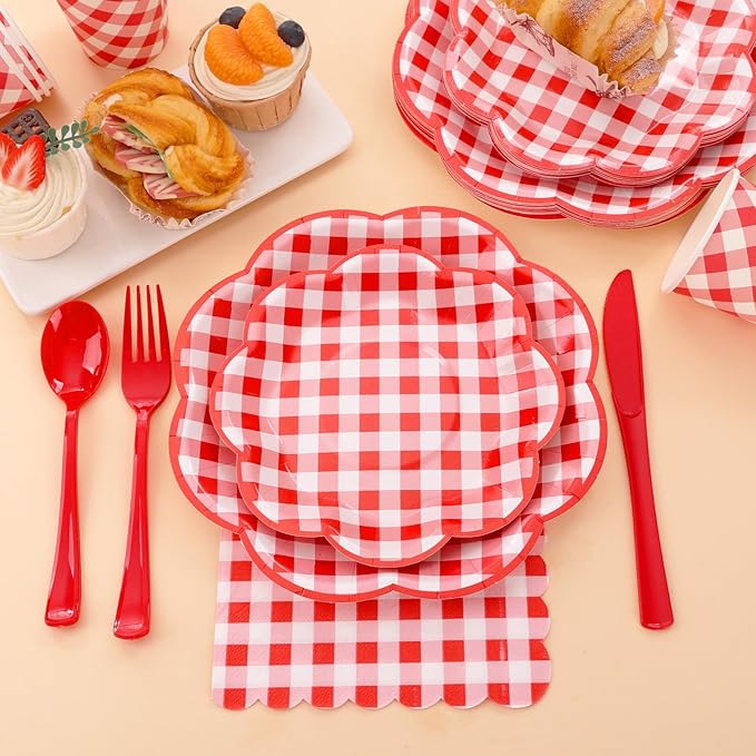 350 Pcs Red Gingham Plates and Napkins Party Supplies