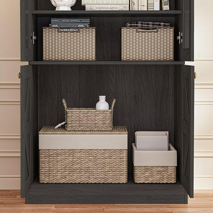 Tall Farmhouse Bookshelves with Glass Doors and Drawers, 2 Styles, Set of 4 – 2 of Each, Black