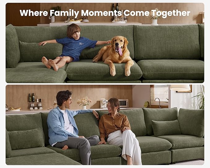Oversized Extra Deep Cloud Chenille Modular Sectional Couch with Double Chaise in Olive Green