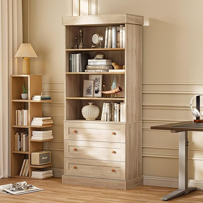 Tall Farmhouse Bookshelves with Glass Doors and Drawers, Set of 3 – Natural