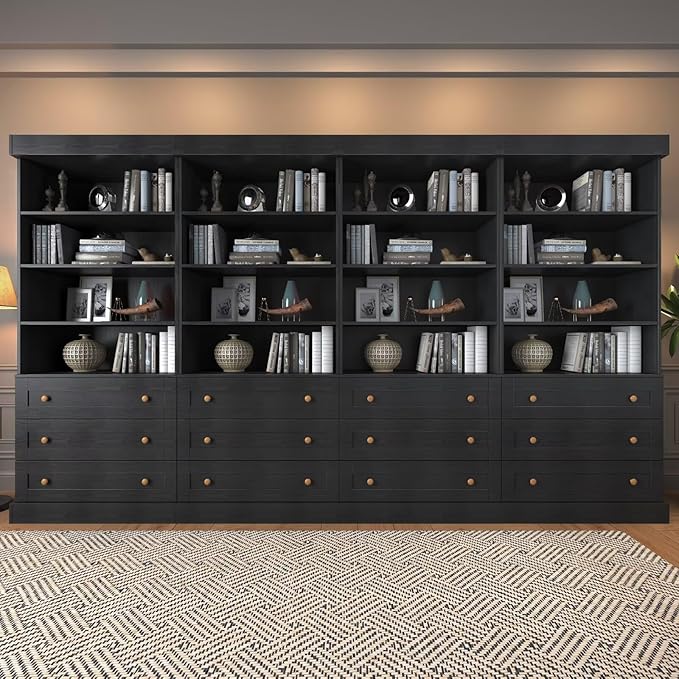Tall Farmhouse Bookcase with Drawers, Set of 4 – Black