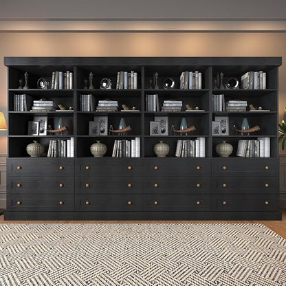Tall Farmhouse Bookcase with Drawers, Set of 4 – Black
