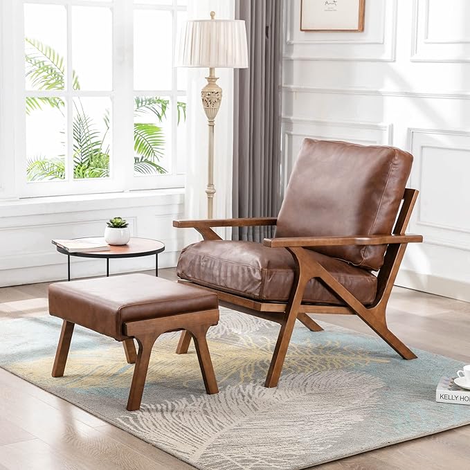 Wahson Brown Leather Mid-Century Modern Accent Chair and Ottoman Set in Faux Leather