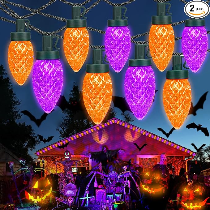 LED Purple and Orange Indoor/Outdoor Halloween Lights - 200 String Lights with 13 Modes &amp; Timer, Waterproof