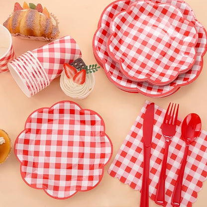 350 Pcs Red Gingham Plates and Napkins Party Supplies