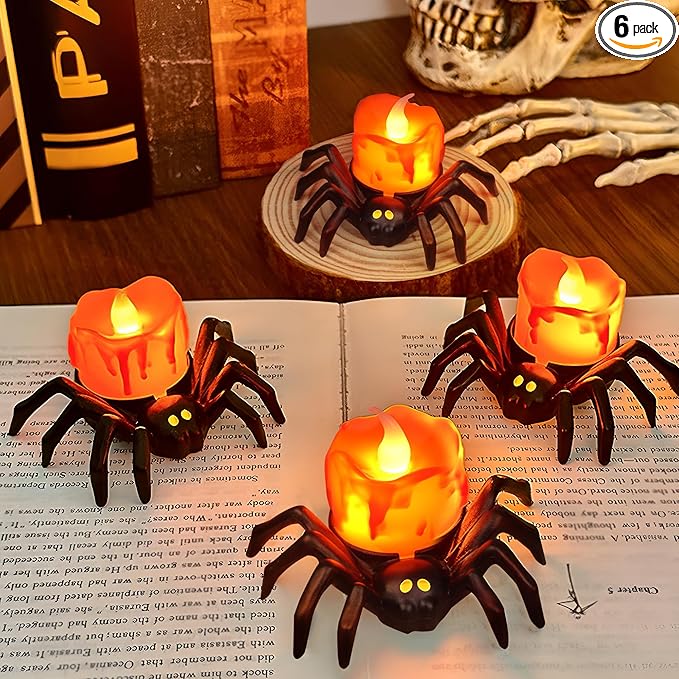6 Pack Battery Operated LED Spider Tealight Candles for Halloween