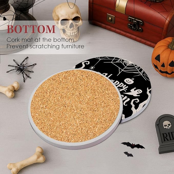 Set of 6 Happy Halloween Absorbent Round Ceramic Stone Drink Coasters with Cork Base and Metal Holder