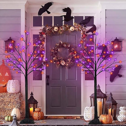 Set of 2 LED Black Trees with Purple and Orange Lights - 5 Ft