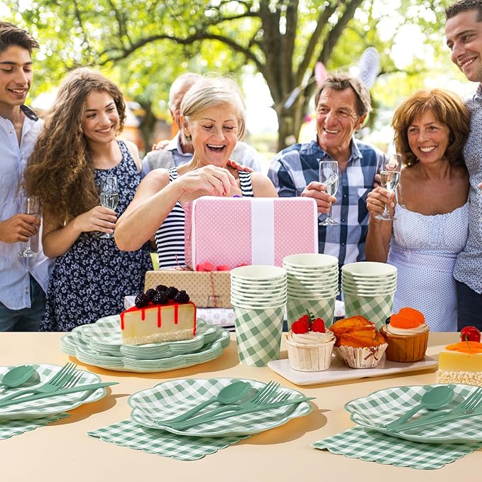 350 Piece Sage Green Gingham Paper Plates and Napkins Party Supplies for 50 Guests