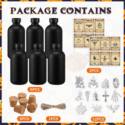 Set of 6 Halloween Potion Bottles - Black, 8.5 oz