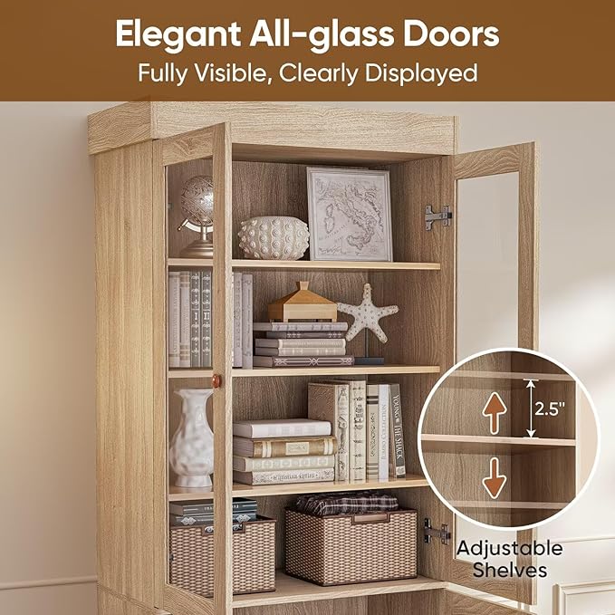 Tall Farmhouse Bookshelves with Glass Doors and Drawers, Set of 3 – Natural