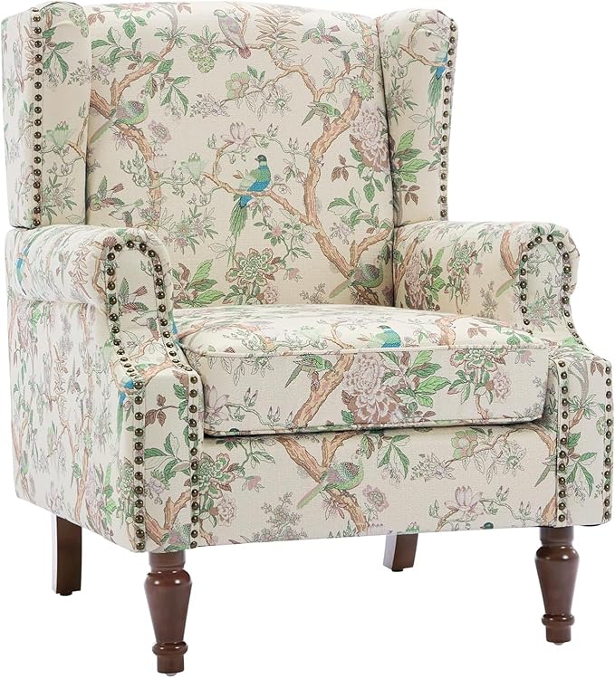Retro Printed Wingback Arm Chair - Bird Pattern