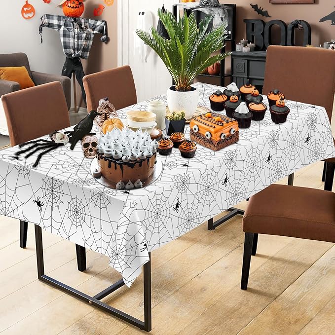 Set of 2 Disposable Halloween Spider Web Table Cloths - White, 108 x 54 Inch
