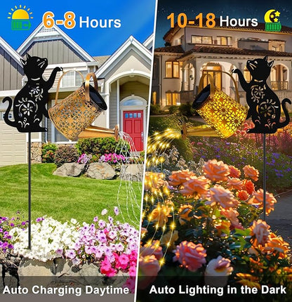 Cat With Watering Can/Cascading Lights - Solar, Waterproof