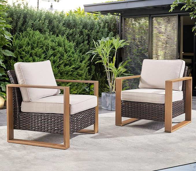 Wicker Outdoor Patio Chairs with Cushions - Set of 2