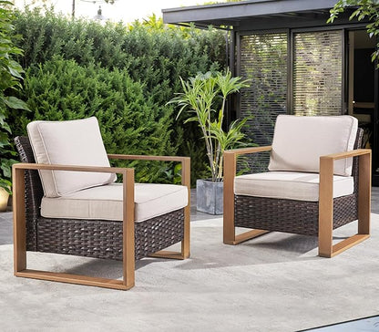 Wicker Outdoor Patio Chairs with Cushions - Set of 2