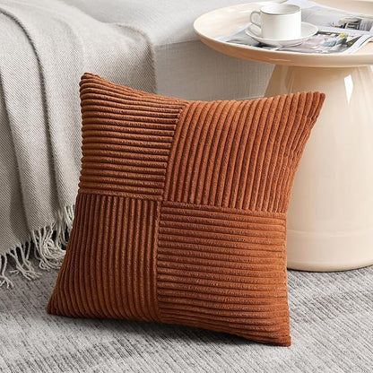 2 Pc Soft Corduroy Patchwork Pillow Covers -  18 x 18 inch, Terracotta