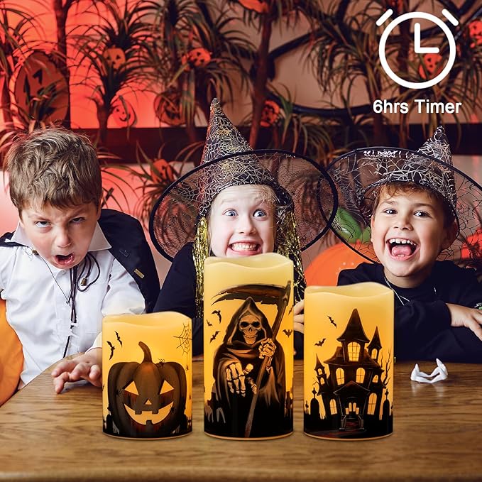 Set of 3 Halloween Flameless Flickering Candles with 6 Hour Timer  - Grim Reaper/Haunted House/Pumpkin