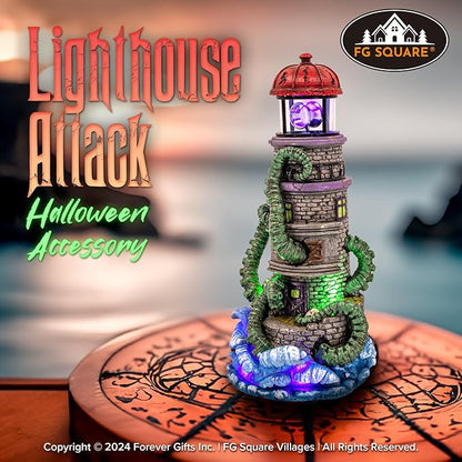 Kraken Theme Spooky Halloween Village Lighthouse w/ Animated Rotating Food Light and Music - 6" x 5.5" x 12"