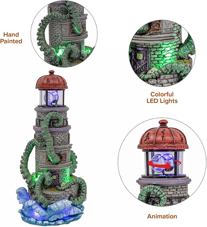 Kraken Theme Spooky Halloween Village Lighthouse w/ Animated Rotating Food Light and Music - 6" x 5.5" x 12"