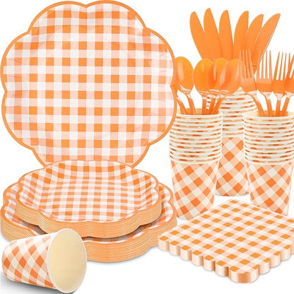 175 Pcs Orange and White Gingham Party Supplies - Serve 25 Guests