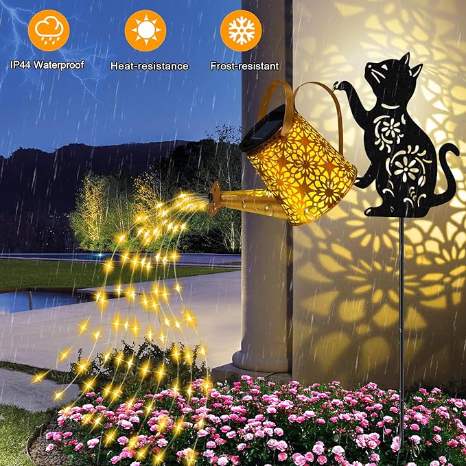 Cat With Watering Can/Cascading Lights - Solar, Waterproof