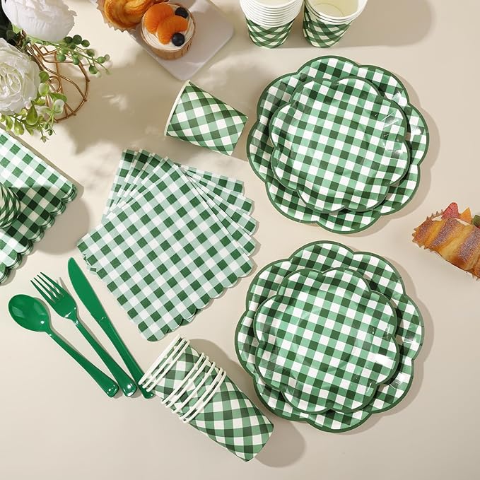 175 Pcs Green Gingham Plates and Napkins Party Supplies -  Serve 25 Guests