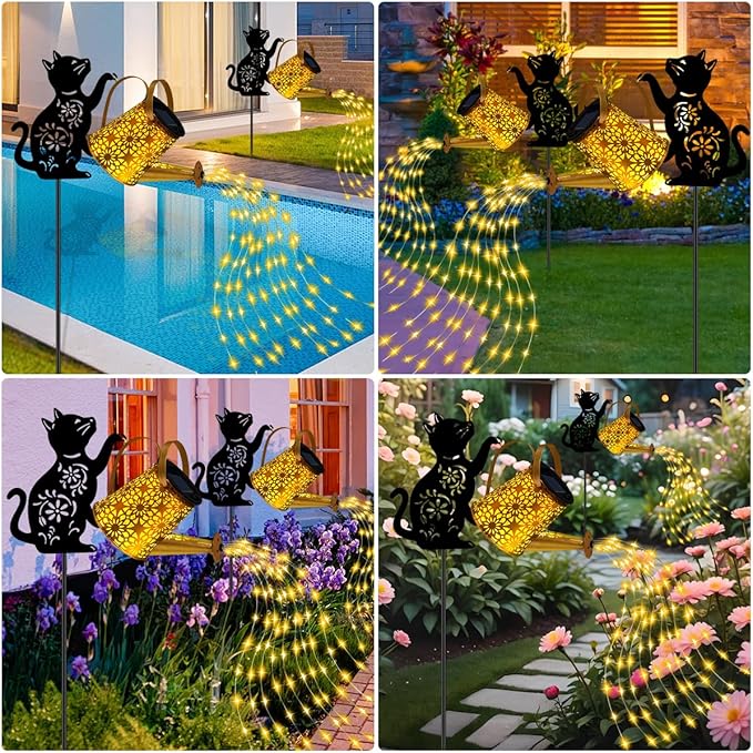 Cat With Watering Can/Cascading Lights - Solar, Waterproof