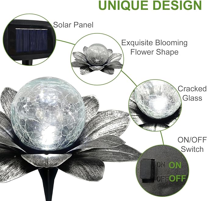 Set of 3 Silver Gray Lotus Flower Pathway Lights with Cool White Crackle Glass