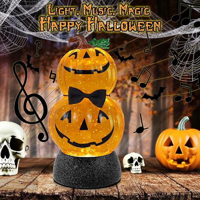 Stacked Halloween Pumpkin Musical Snow Globe w/ Timer