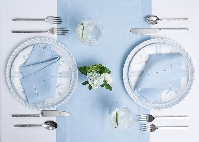 100% Pure Linen Hemstitch 14 x 90 Inch Table Runner - Sky Blue