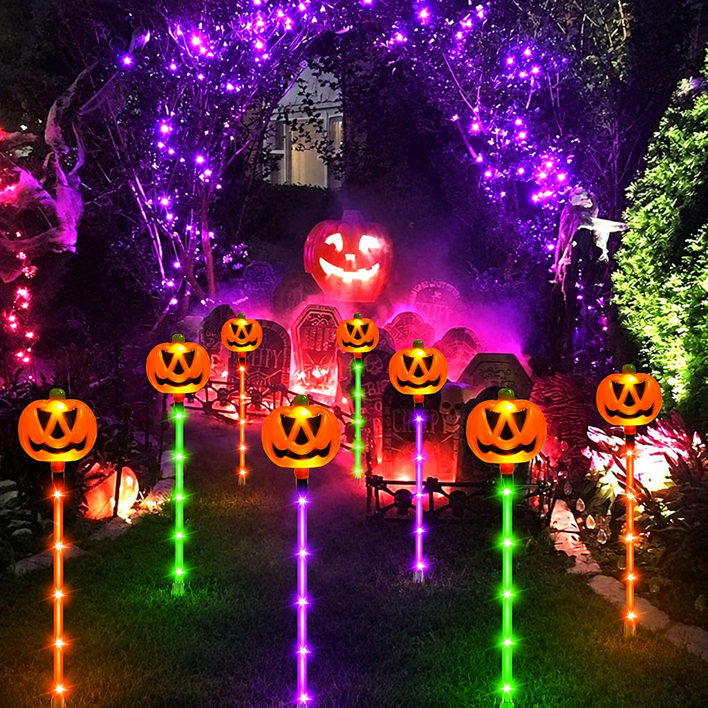 12 Pack Solar Halloween Pumpkin Lights - Orange/Purple/Green, Waterproof