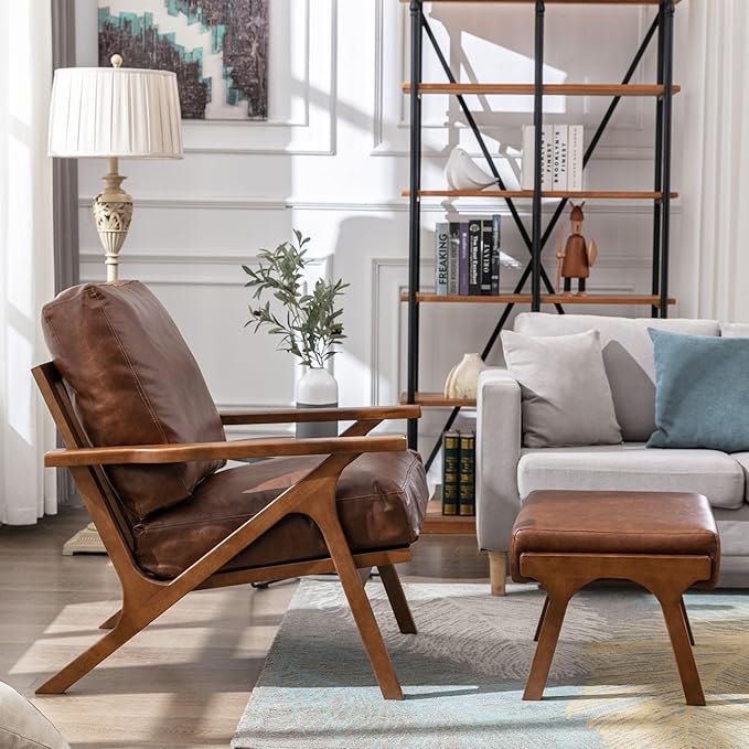 Mid-Century Modern Accent Chair and Ottoman Set in Faux Leather
