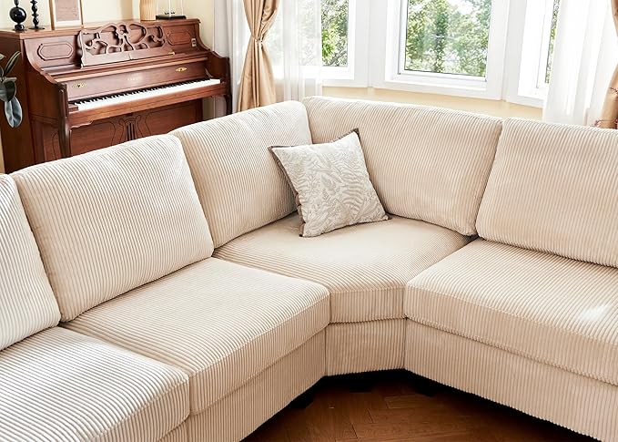 Nolany Sectional Couch with Storage Ottoman in Beige Corduroy