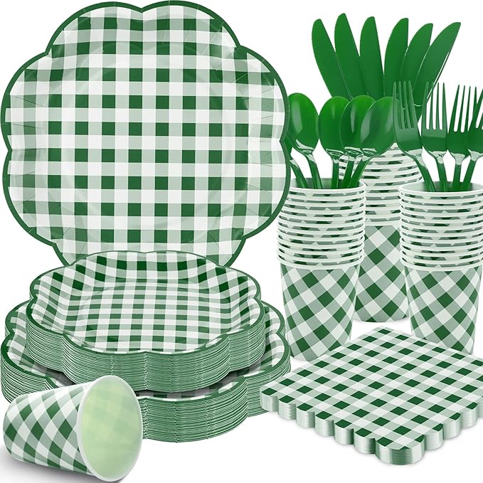350 Piece Green Gingham Plates and Napkins Party Supplies for 50