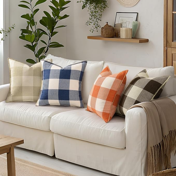 Set of 2 Buffalo Check Pillow Covers - 16x16 - Beige