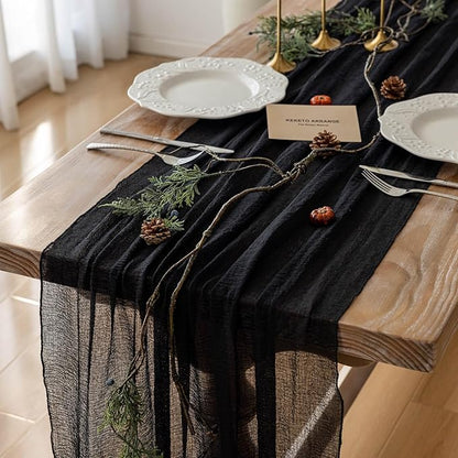 Set of 3 Rustic Gauze Table Runners, 10 Ft - Black