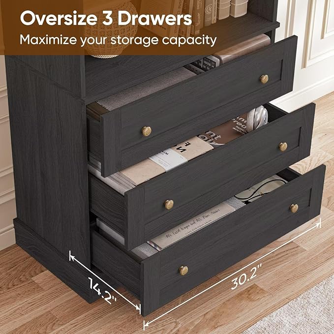 Tall Farmhouse Bookshelves with Glass Doors and Drawers, 2 Styles, Set of 4 – 2 of Each, Black